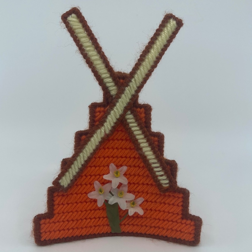 Handmade Plastic Canvas‎ Windmill Teepee With Flowers Rustic Home Decor 7"